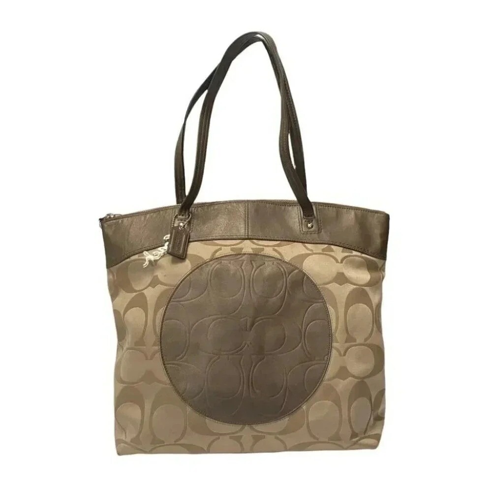 Coach Tote Bag Large Khaki Bronze Signature C Jacquard Leather 18885